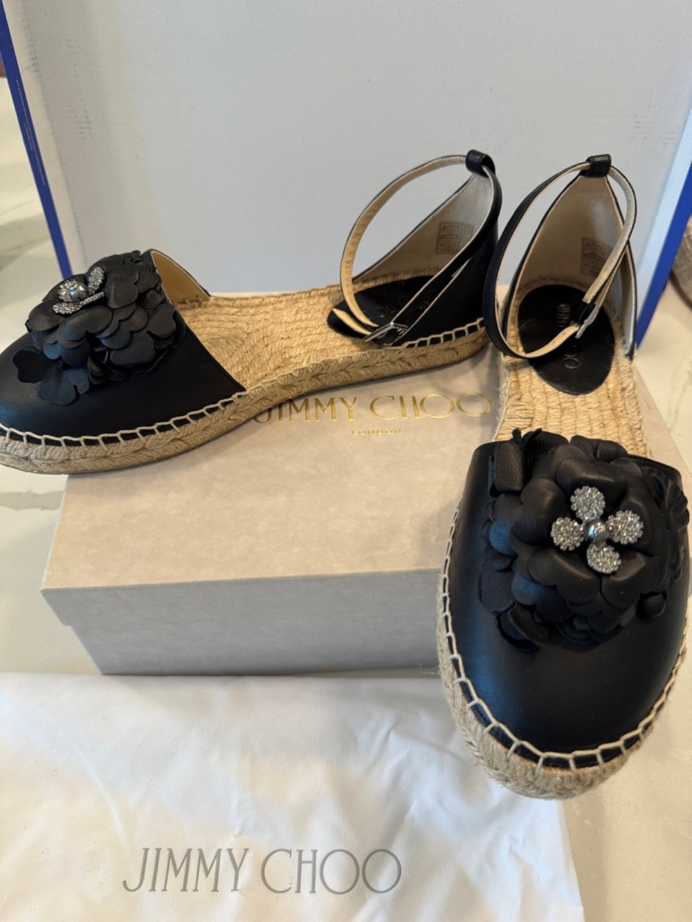 Jimmy Choo Black Leather Floral Espadrille Sandals with Crystal Detail EUR 41